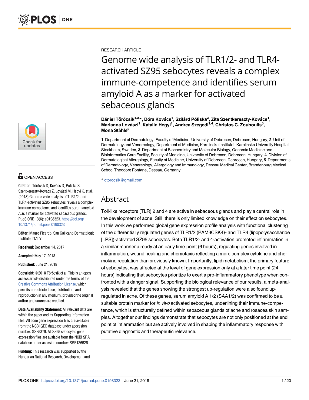 Genome Wide Analysis of TLR1/2- and TLR4-Activated SZ95 Sebocytes
