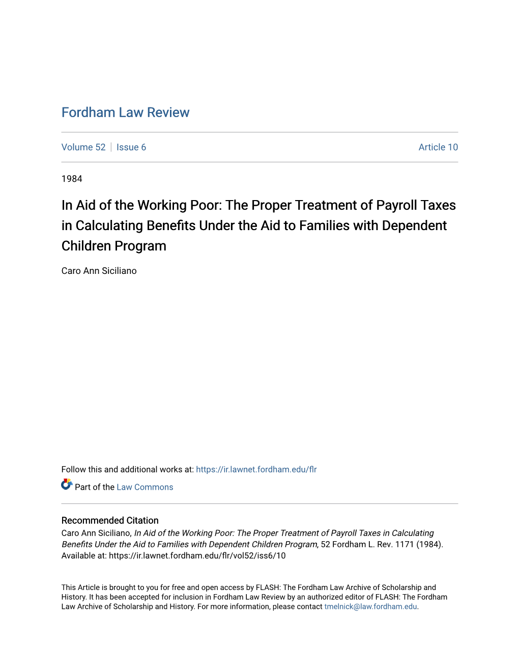 In Aid of the Working Poor: the Proper Treatment of Payroll Taxes in Calculating Benefits Under the Aid Ot Families with Dependent Children Program