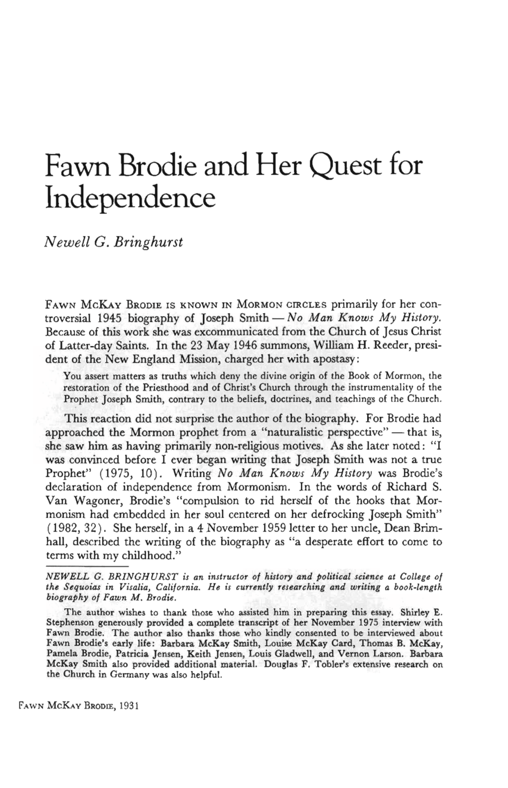 Fawn Brodie and Her Quest for Independence