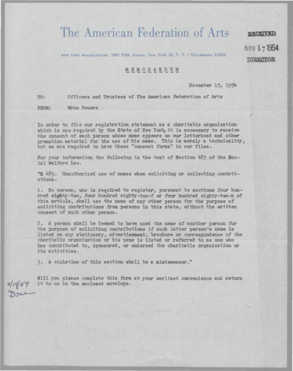 The American Federation of Arts Nov 171954 NEW YOHK HEADQUARTERS: 1083 Fifth Avenue, New York 28, N