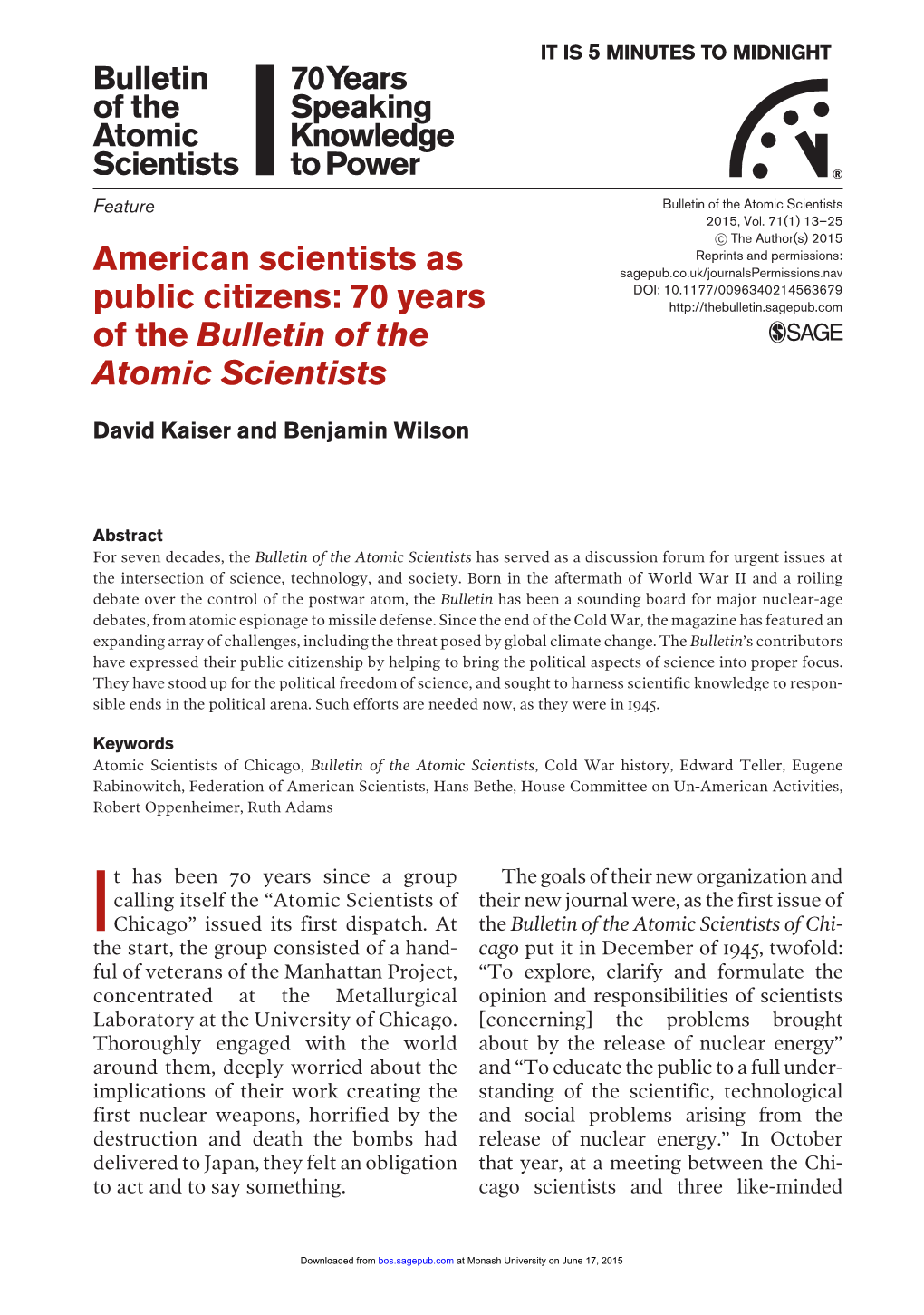 70 Years of the Bulletin of the Atomic Scientists