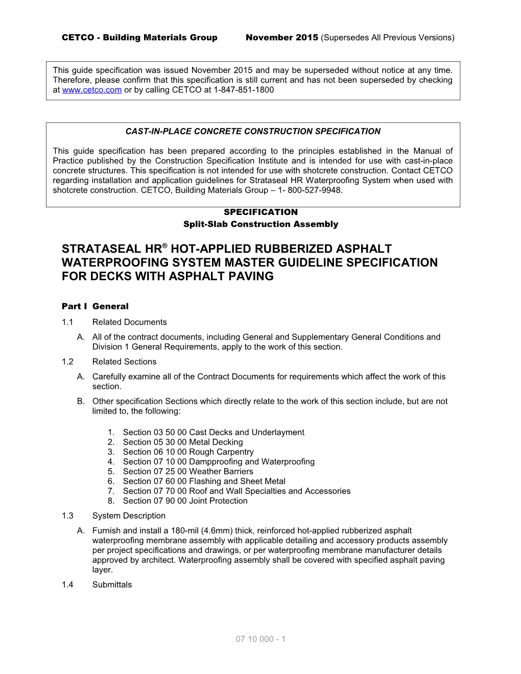 Strataseal Hr Hot Rubberized Asphalt Waterproofing Guide Specification