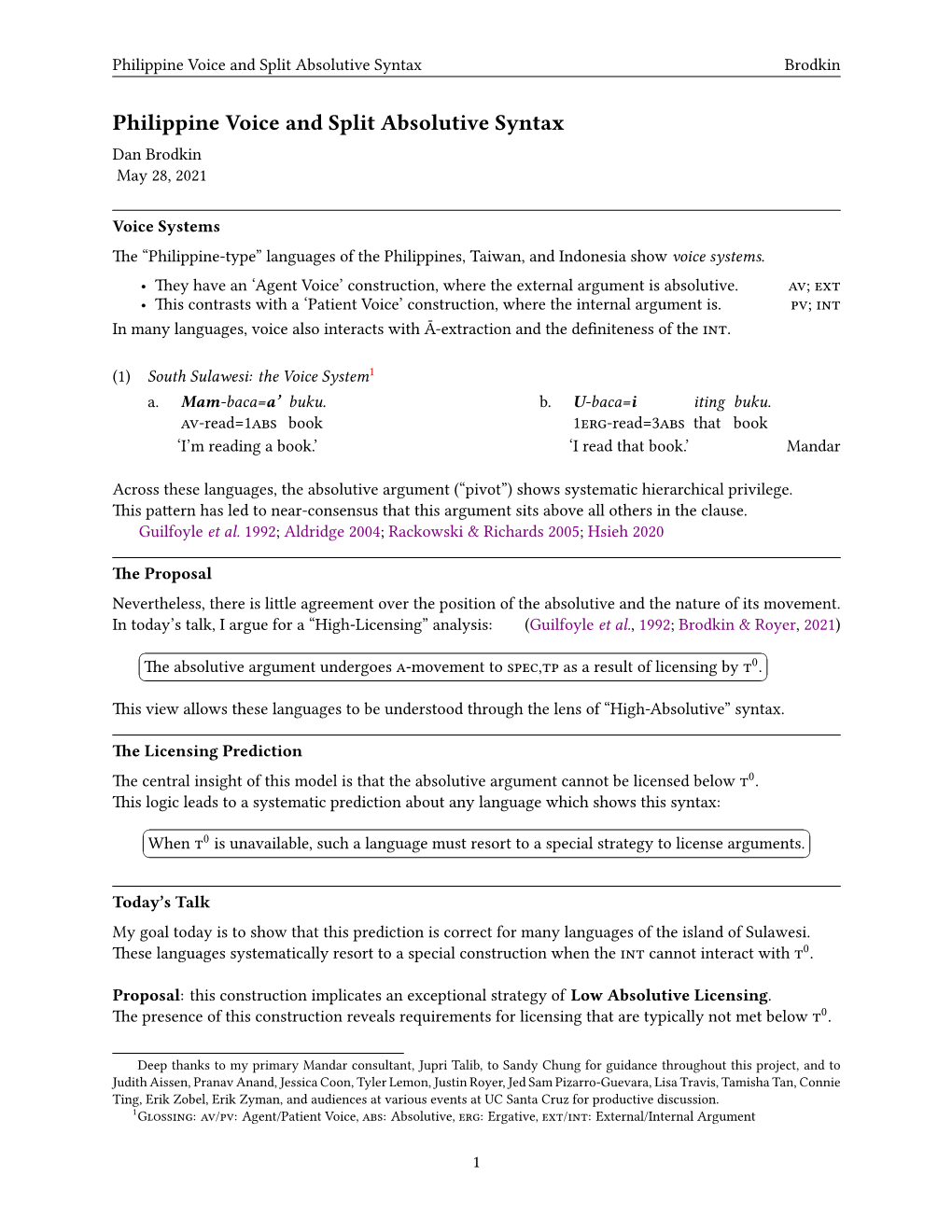 Philippine Voice and Split Absolutive Syntax Brodkin