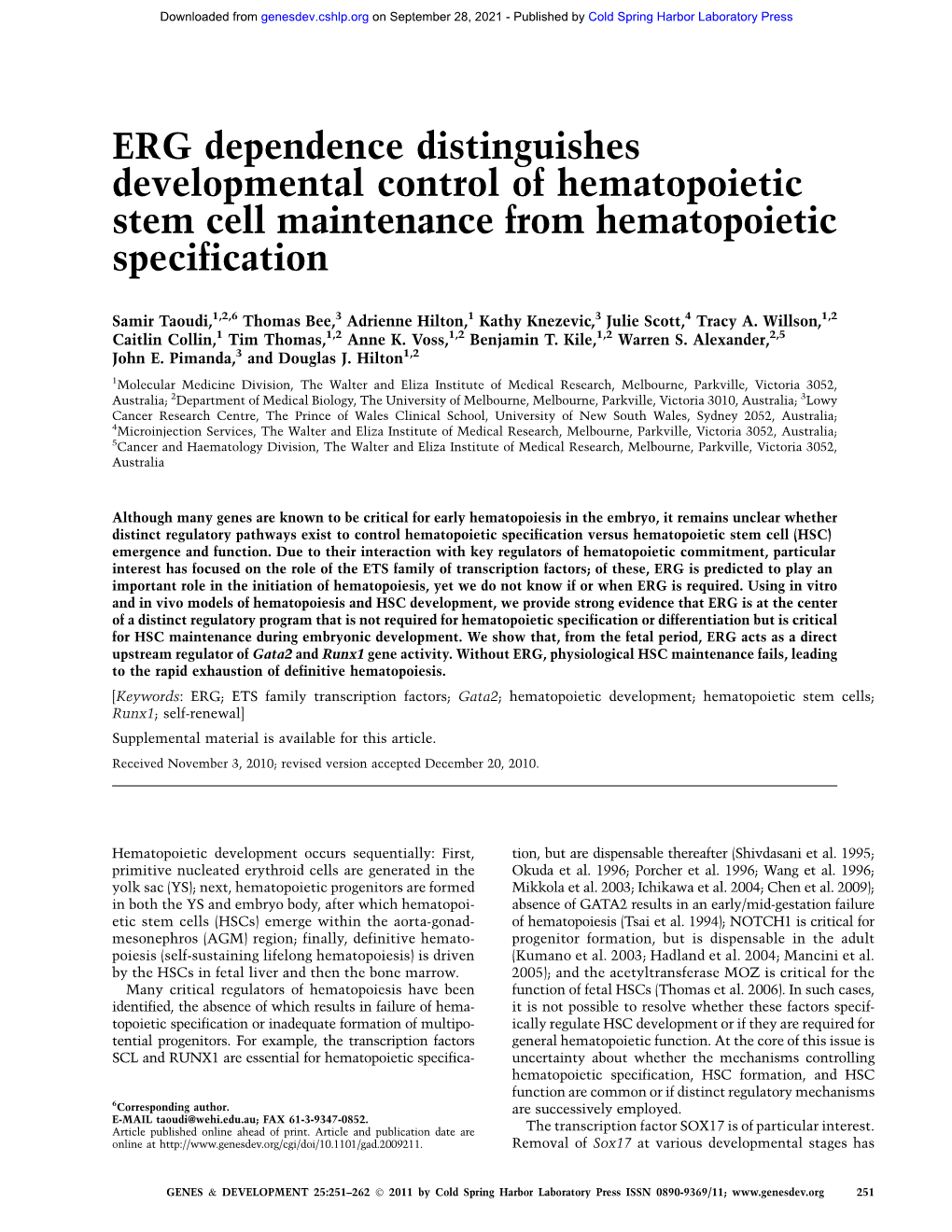 ERG Dependence Distinguishes Developmental Control of Hematopoietic Stem Cell Maintenance from Hematopoietic Specification