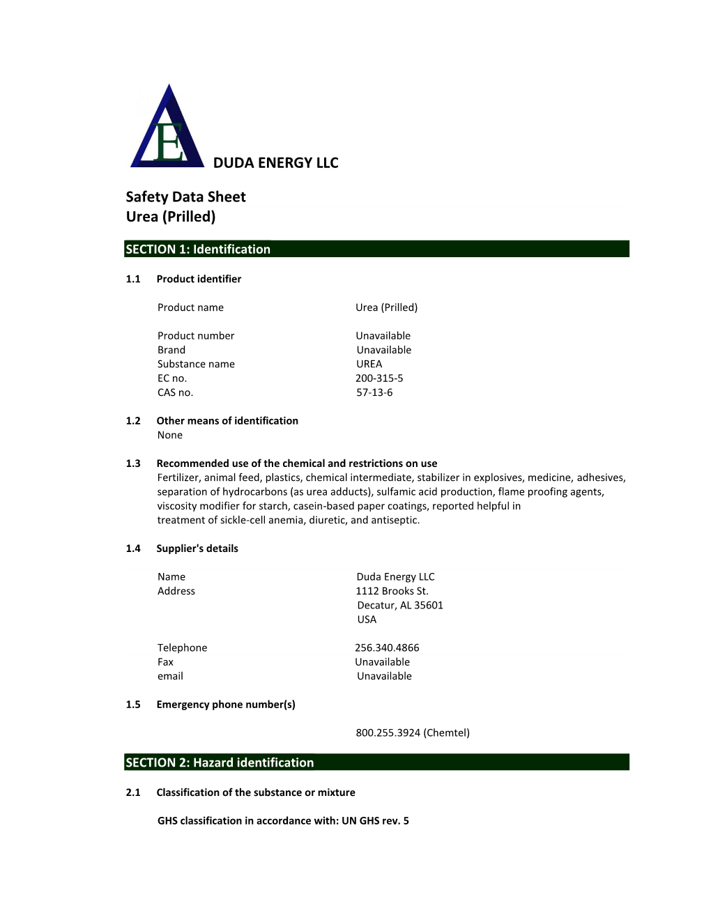 DUDA ENERGY LLC Safety Data Sheet Urea (Prilled)