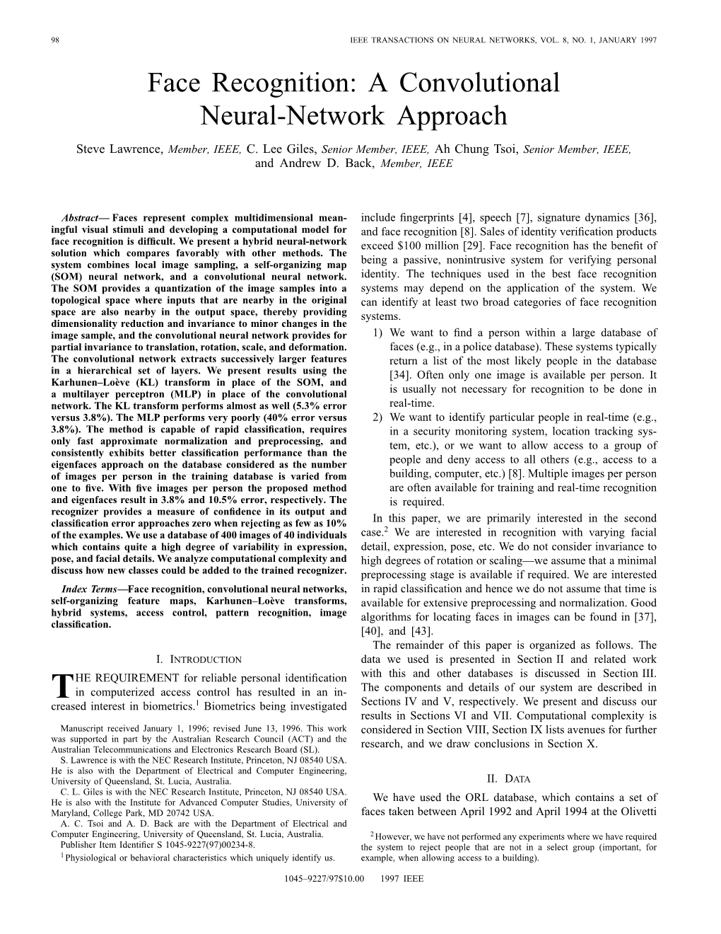 Face Recognition: a Convolutional Neural-Network Approach