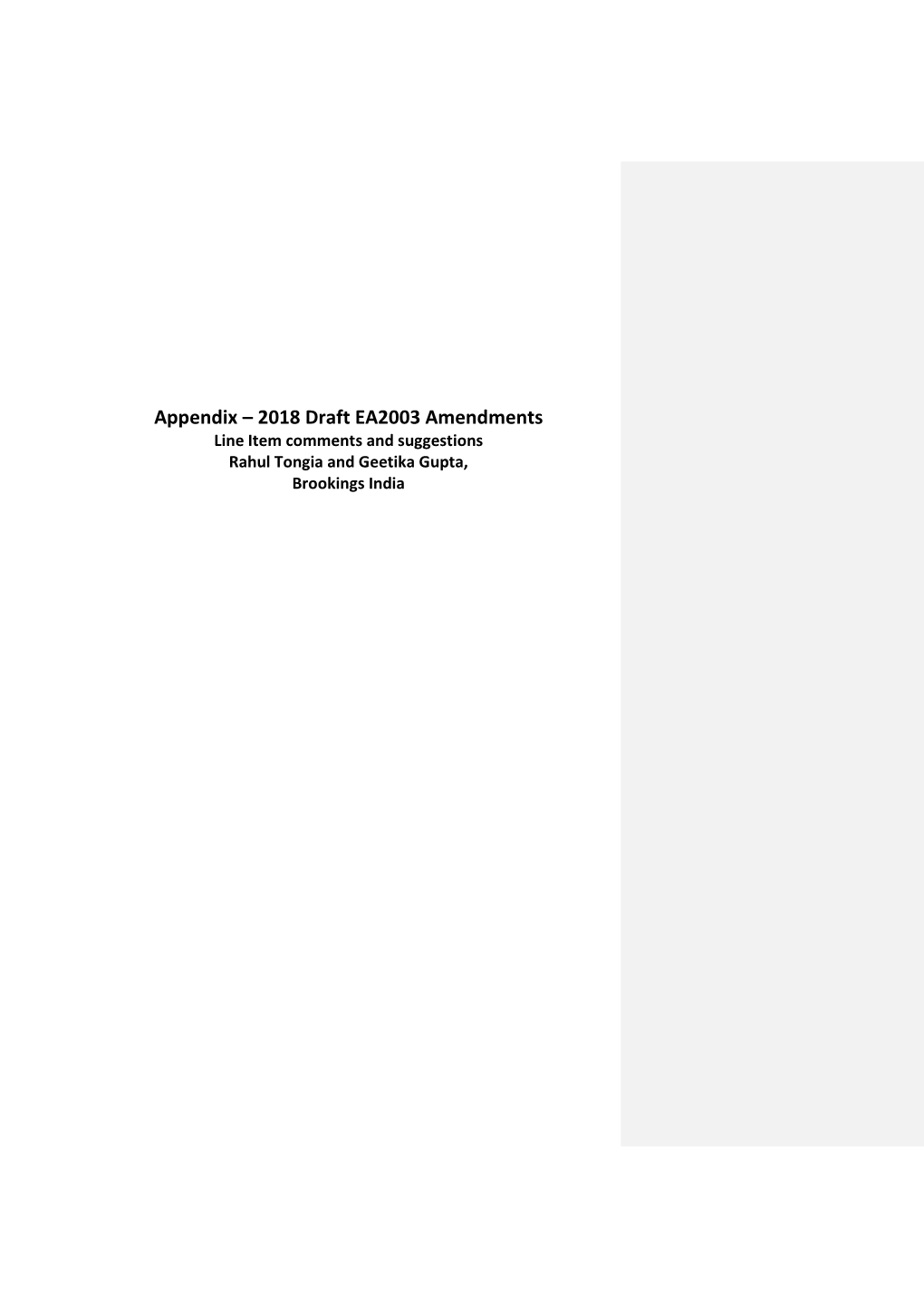 Appendix – 2018 Draft EA2003 Amendments Line Item Comments and Suggestions Rahul Tongia and Geetika Gupta, Brookings India