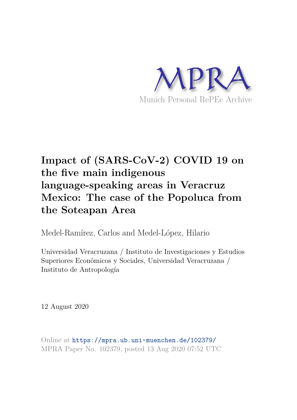 Impact of (SARS-Cov-2) COVID 19 on the Five Main Indigenous Language- Speaking Areas in Veracruz Mexico: the Case of the Popoluca from the Soteapan Area