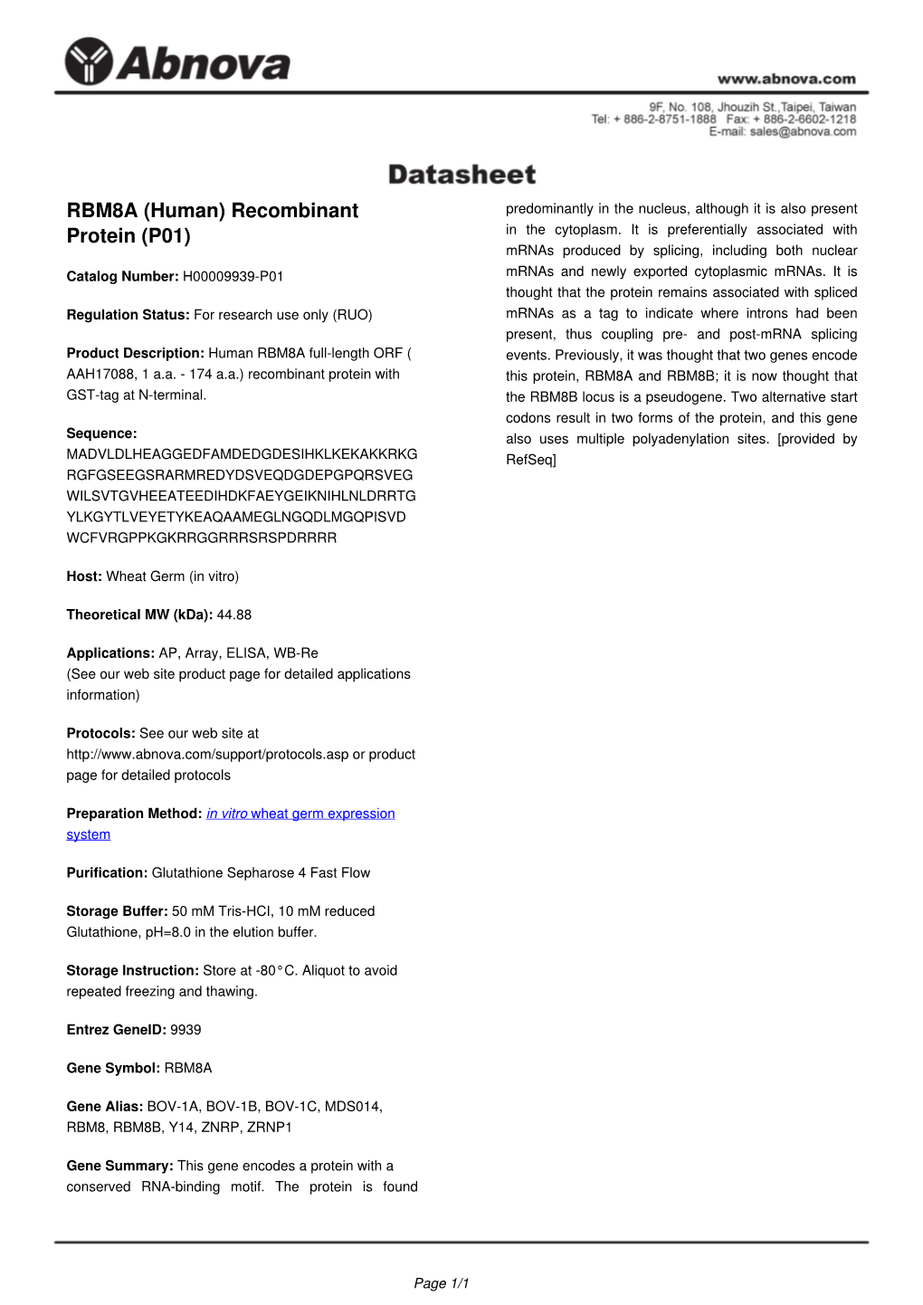 RBM8A (Human) Recombinant Protein (P01)