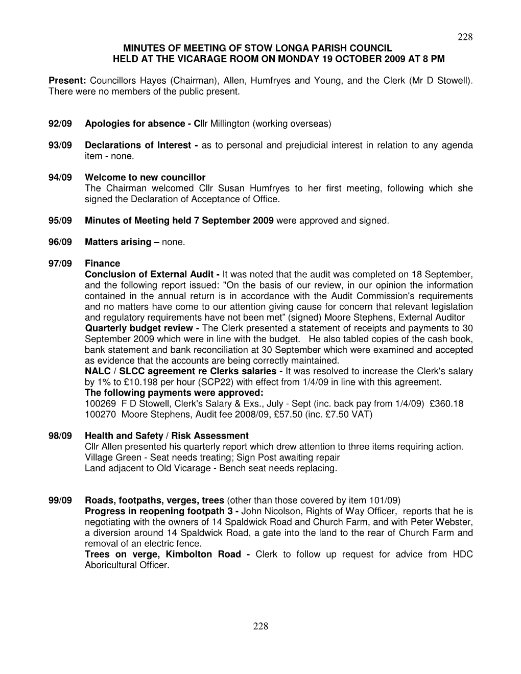 Minutes of Meeting of Stow Longa Parish Council Held at the Vicarage Room on Monday 19 October 2009 at 8 Pm