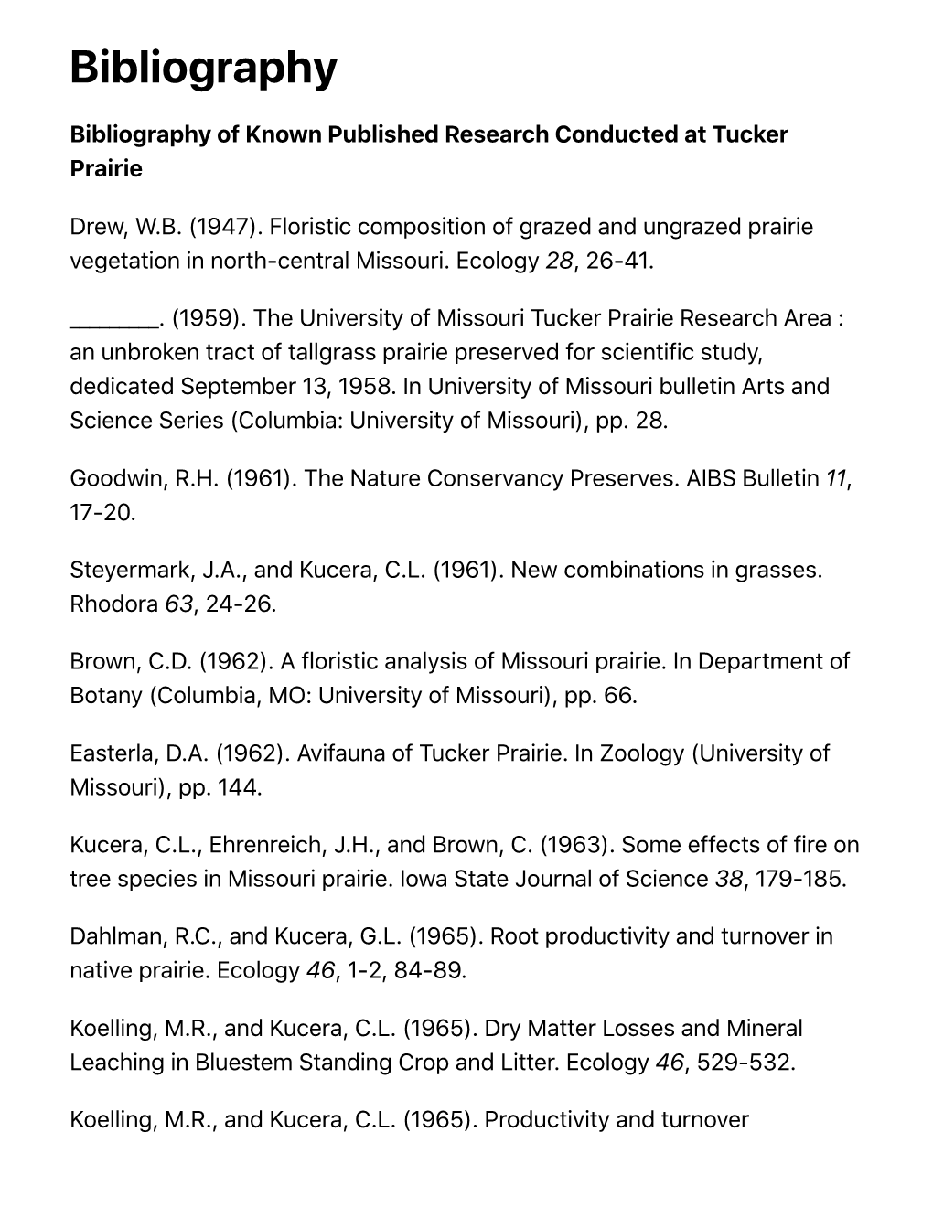 Bibliography | Tucker Prairie | Clair L. Kucera Research Station