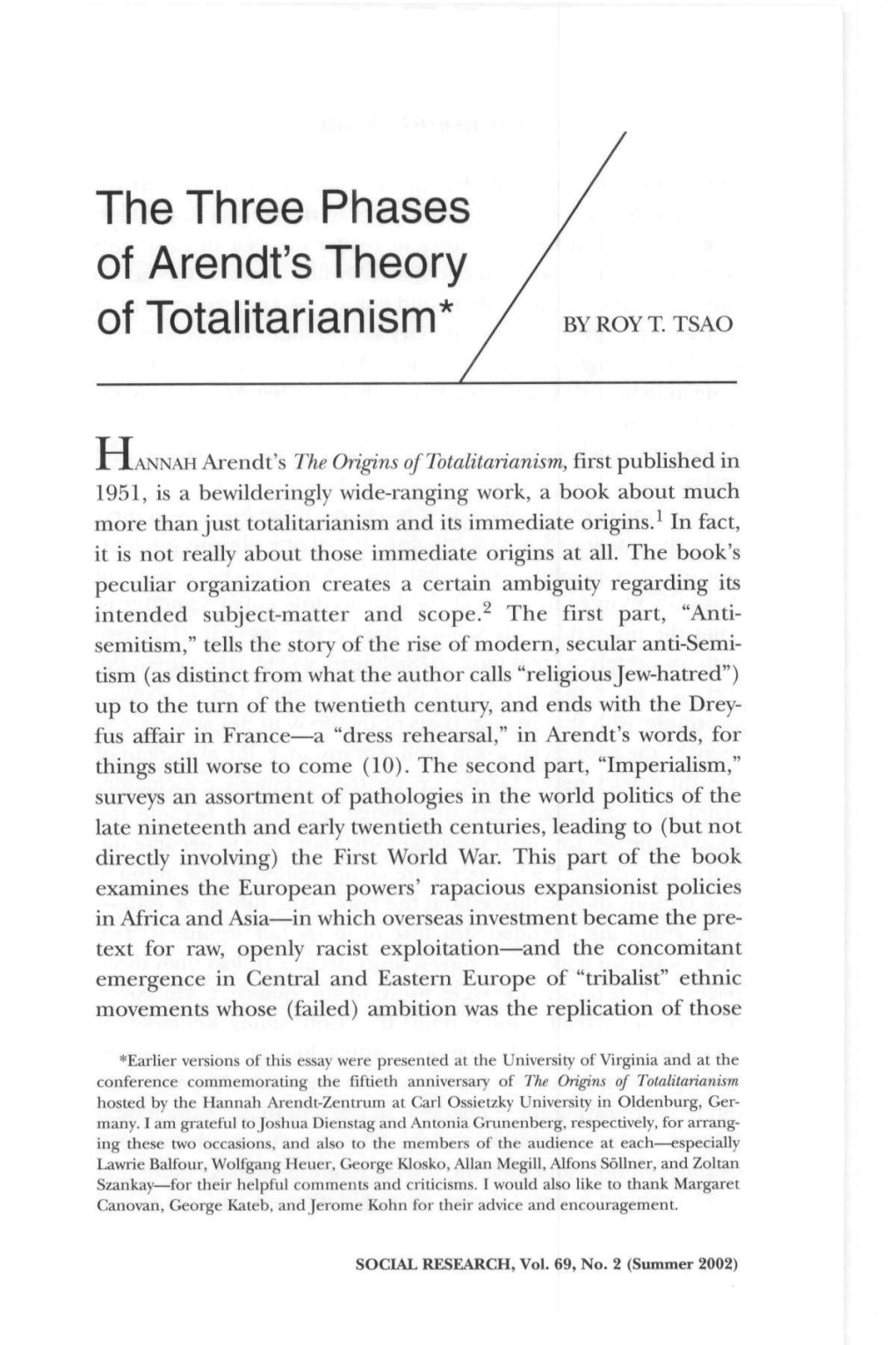 The Three Phases of Arendt's Theory of Totalitarianism*