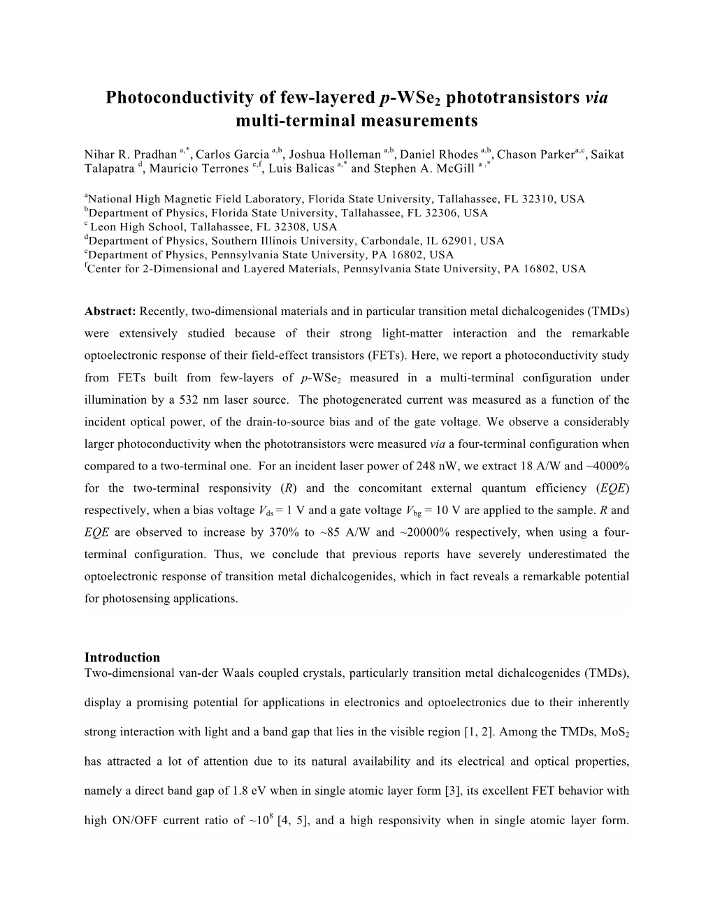 Photoconductivity of Few-Layered P-Wse2 Phototransistors Via Multi-Terminal Measurements