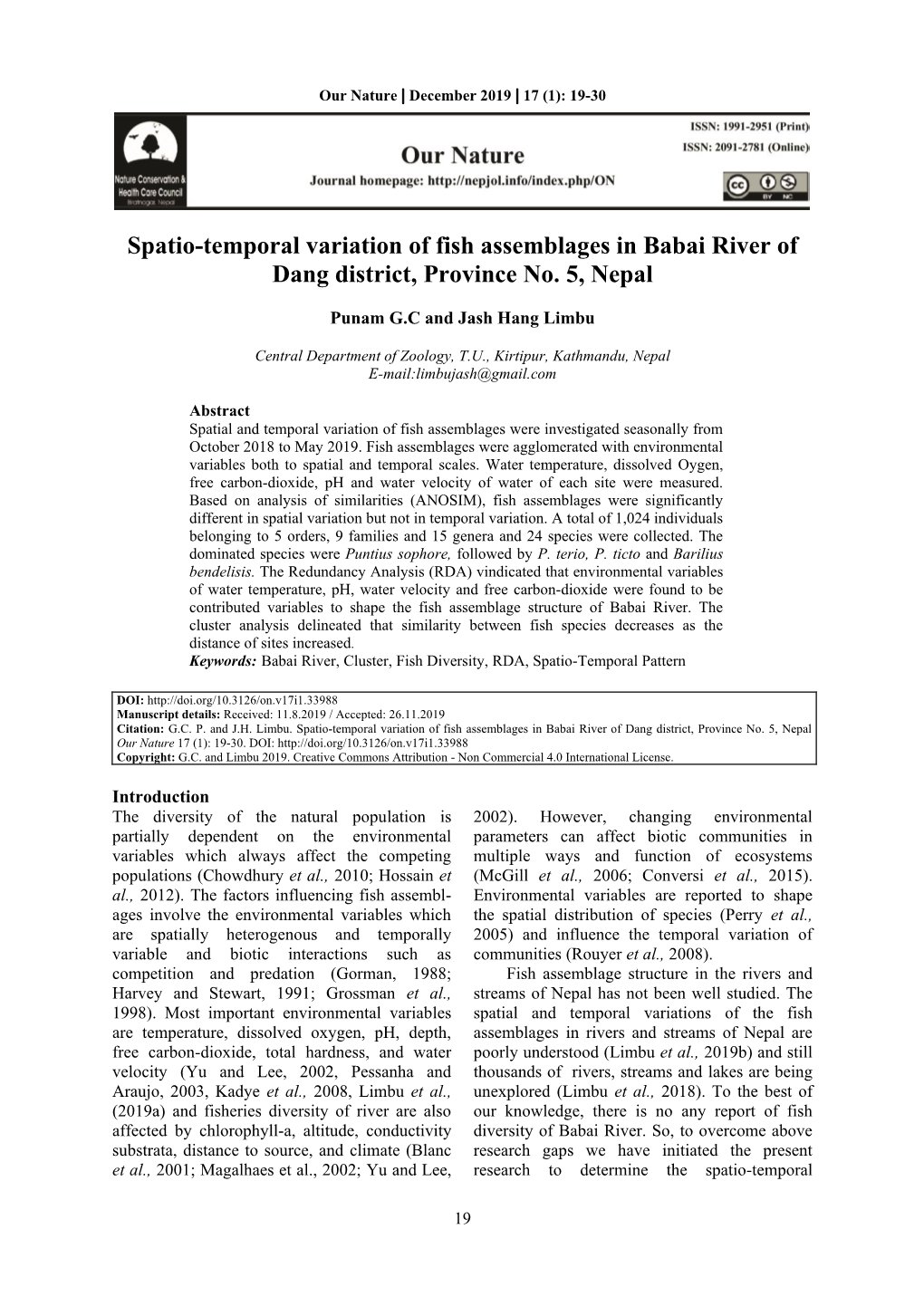 Spatio-Temporal Variation of Fish Assemblages in Babai River of Dang District, Province No. 5, Nepal