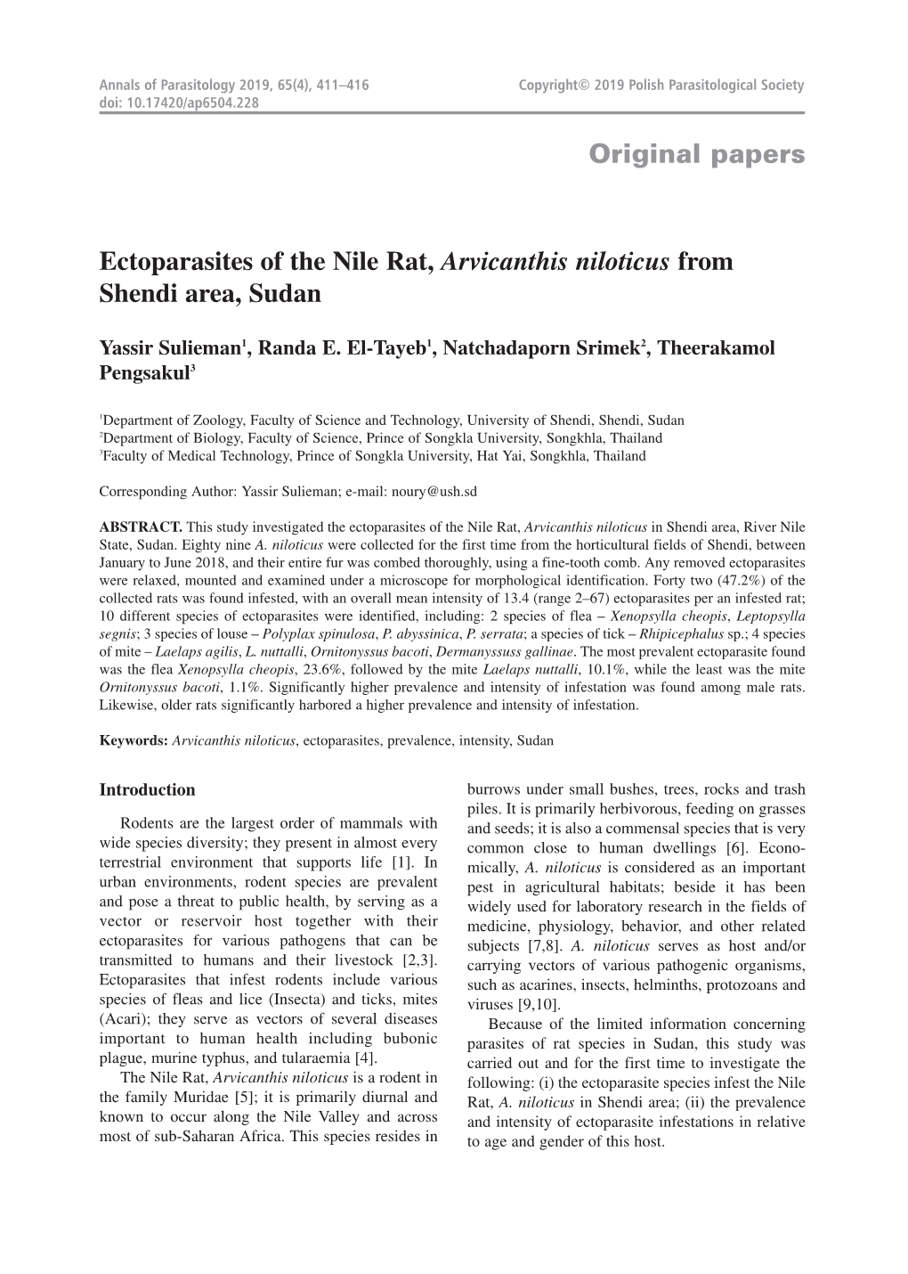 Original Papers Ectoparasites of the Nile Rat, Arvicanthis Niloticus From