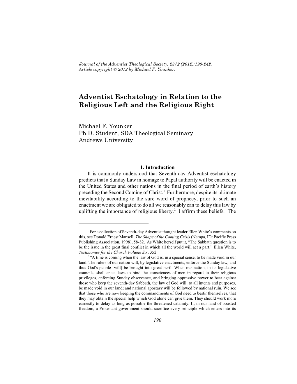 Adventist Eschatology in Relation to the Religious Left and the Religious Right