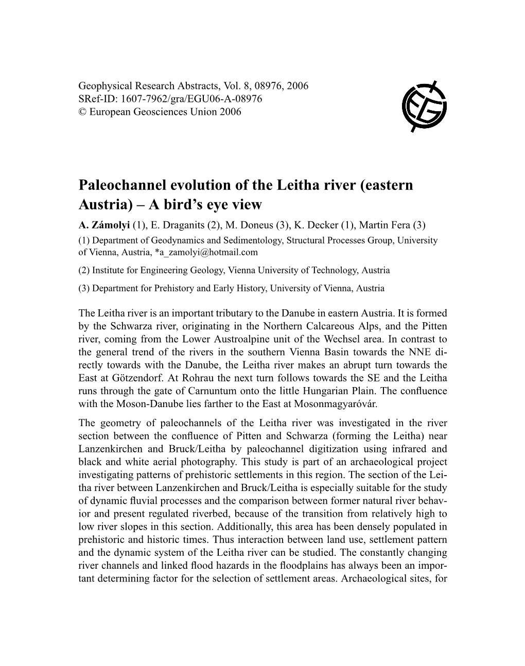 Paleochannel Evolution of the Leitha River (Eastern Austria) – a Bird’S Eye View A