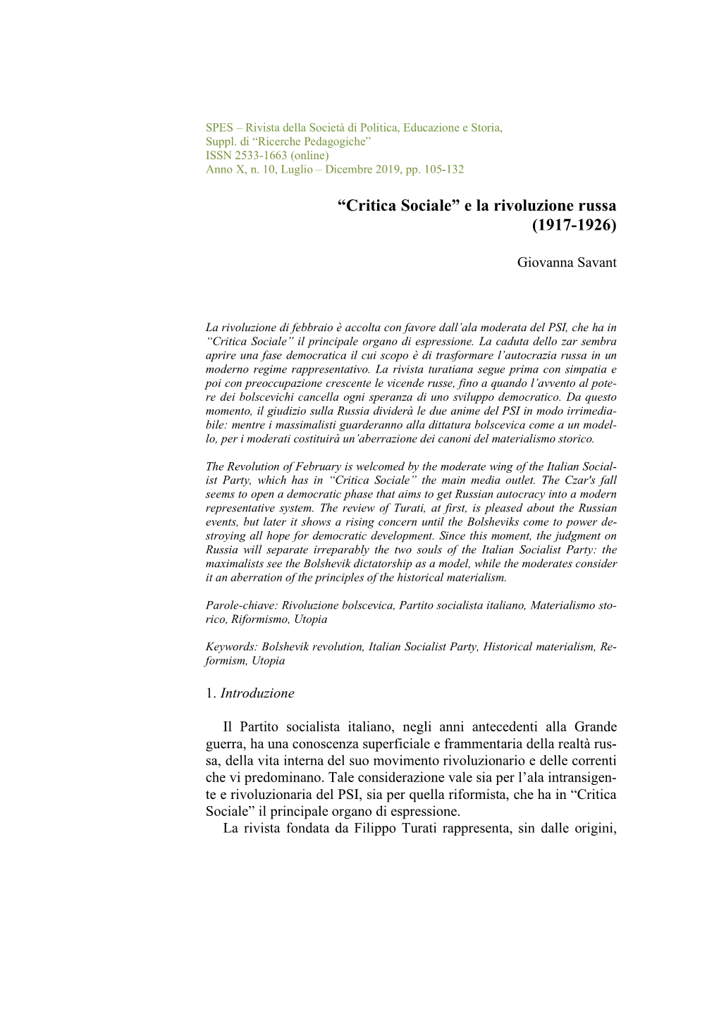 “Critica Sociale” E La Rivoluzione Russa (1917-1926)