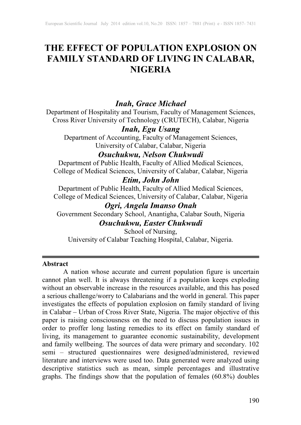 The Effect of Population Explosion on Family Standard of Living in Calabar, Nigeria