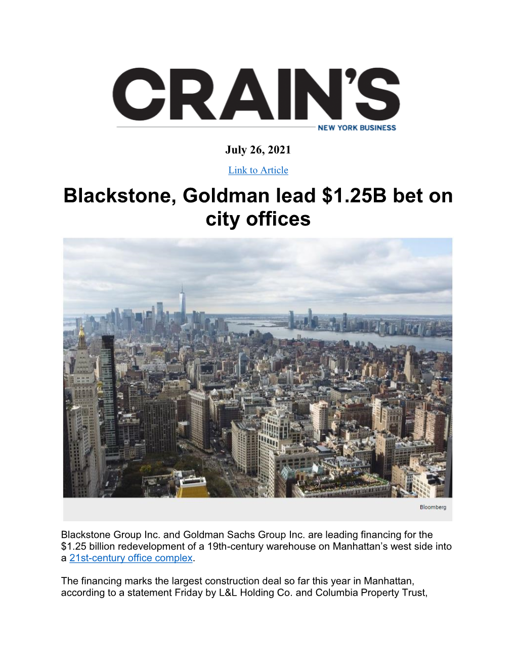 Blackstone, Goldman Lead $1.25B Bet on City Offices