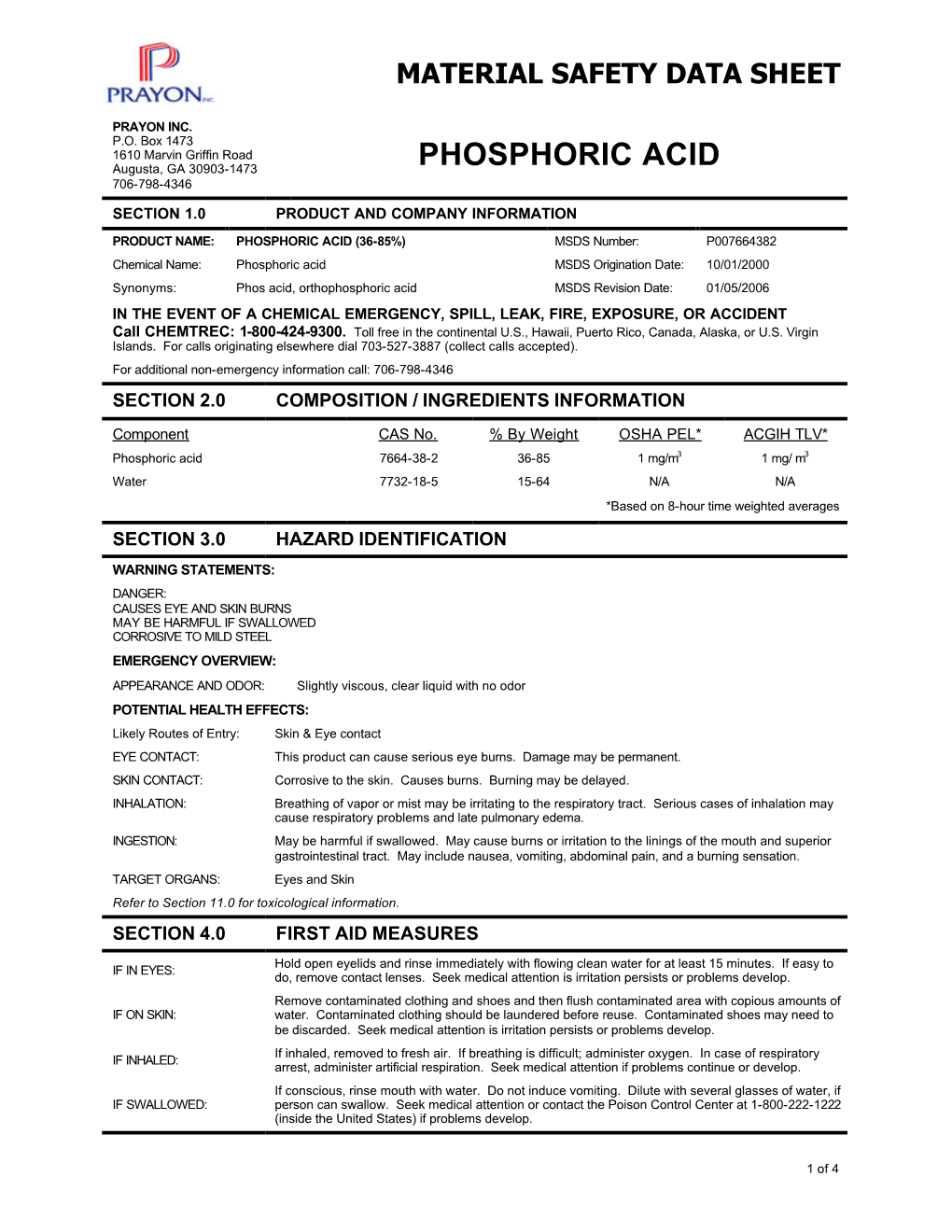 Phosphoric Acid 706-798-4346 Section 1.0 Product and Company Information