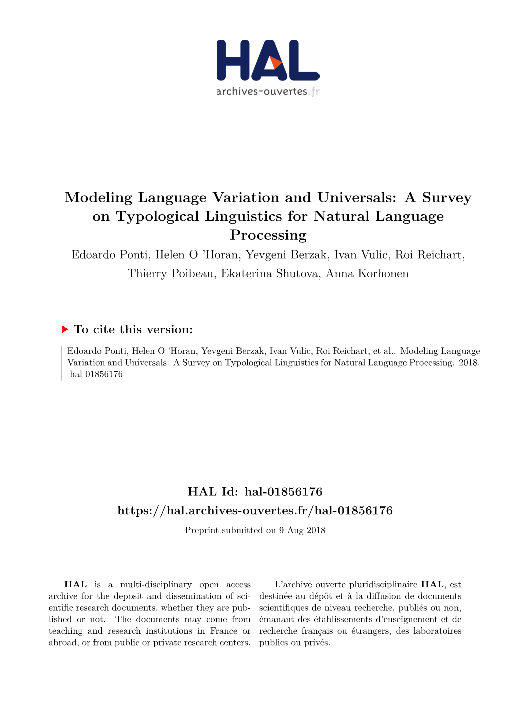 Modeling Language Variation and Universals: a Survey on Typological Linguistics for Natural Language Processing