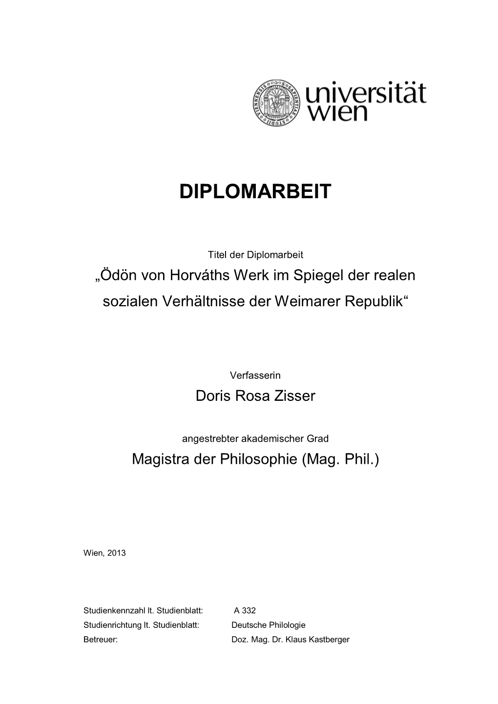 „Ödön Von Horváths Werk Im Spiegel Der Realen Sozialen Verhältnisse Der Weimarer Republik“