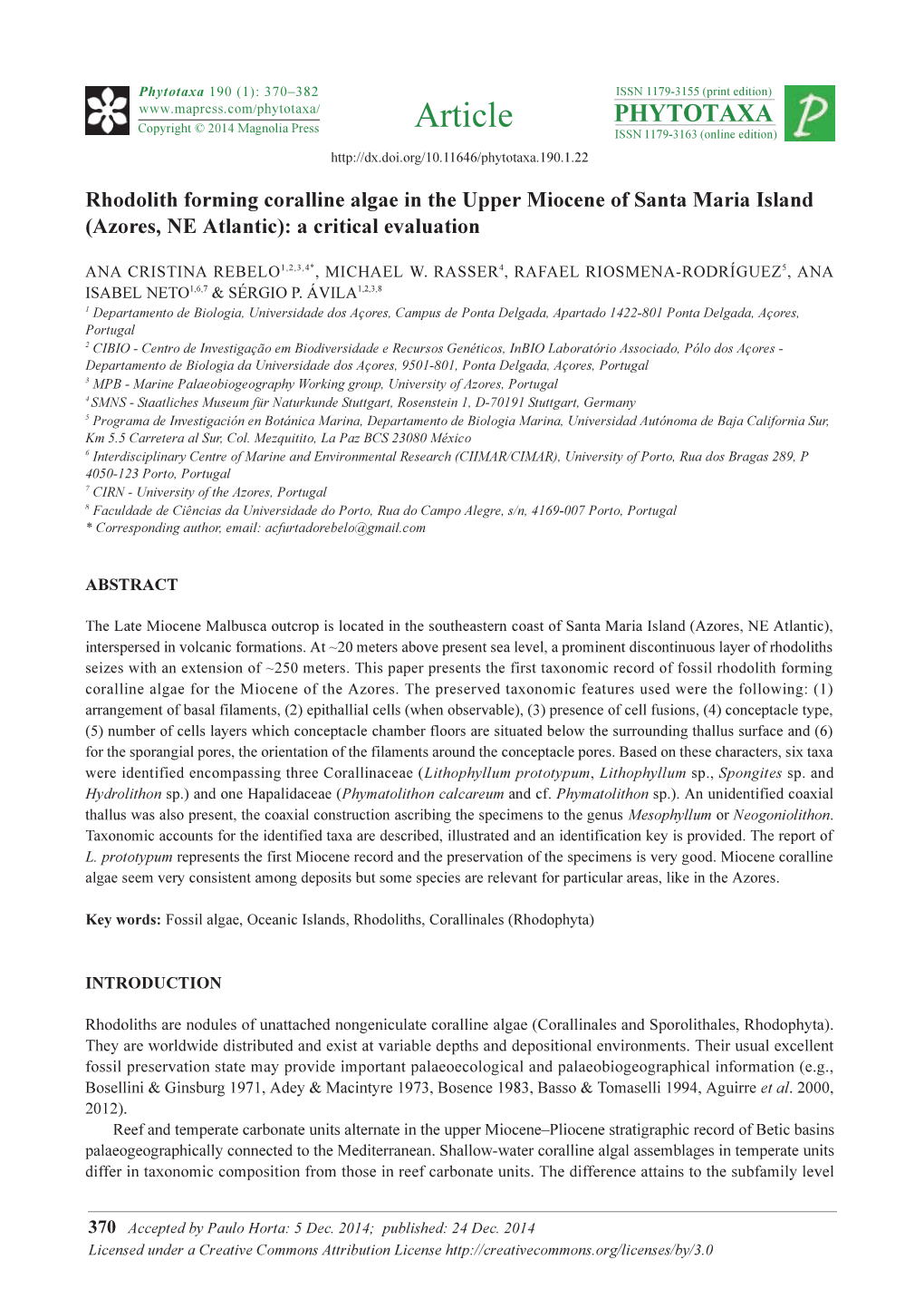 Rhodolith Forming Coralline Algae in the Upper Miocene of Santa Maria Island (Azores, NE Atlantic): a Critical Evaluation