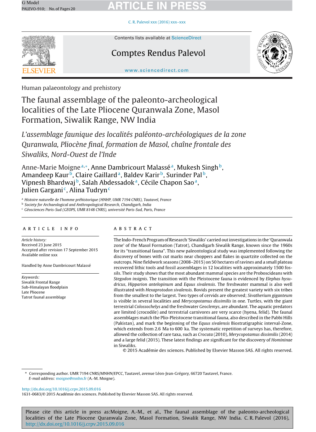 The Faunal Assemblage of the Paleonto-Archeological Localities Of