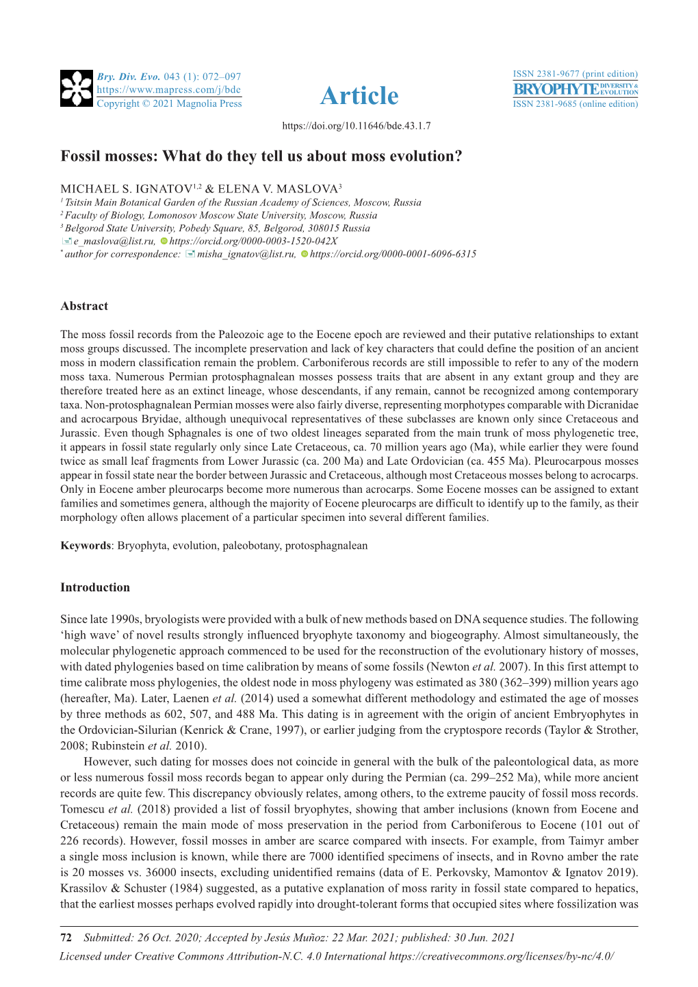 Fossil Mosses: What Do They Tell Us About Moss Evolution?