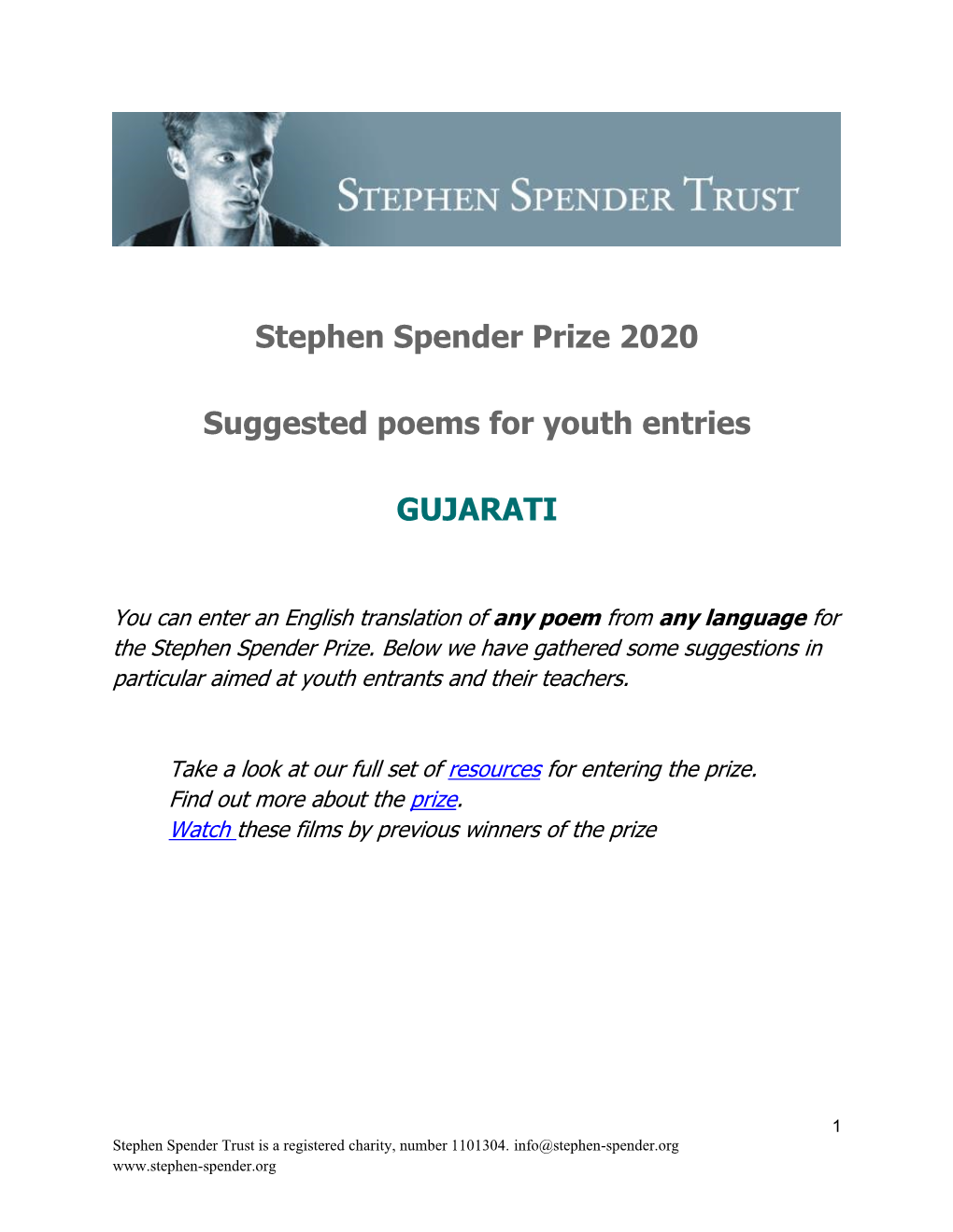Stephen Spender Prize 2020 Suggested Poems for Youth Entries
