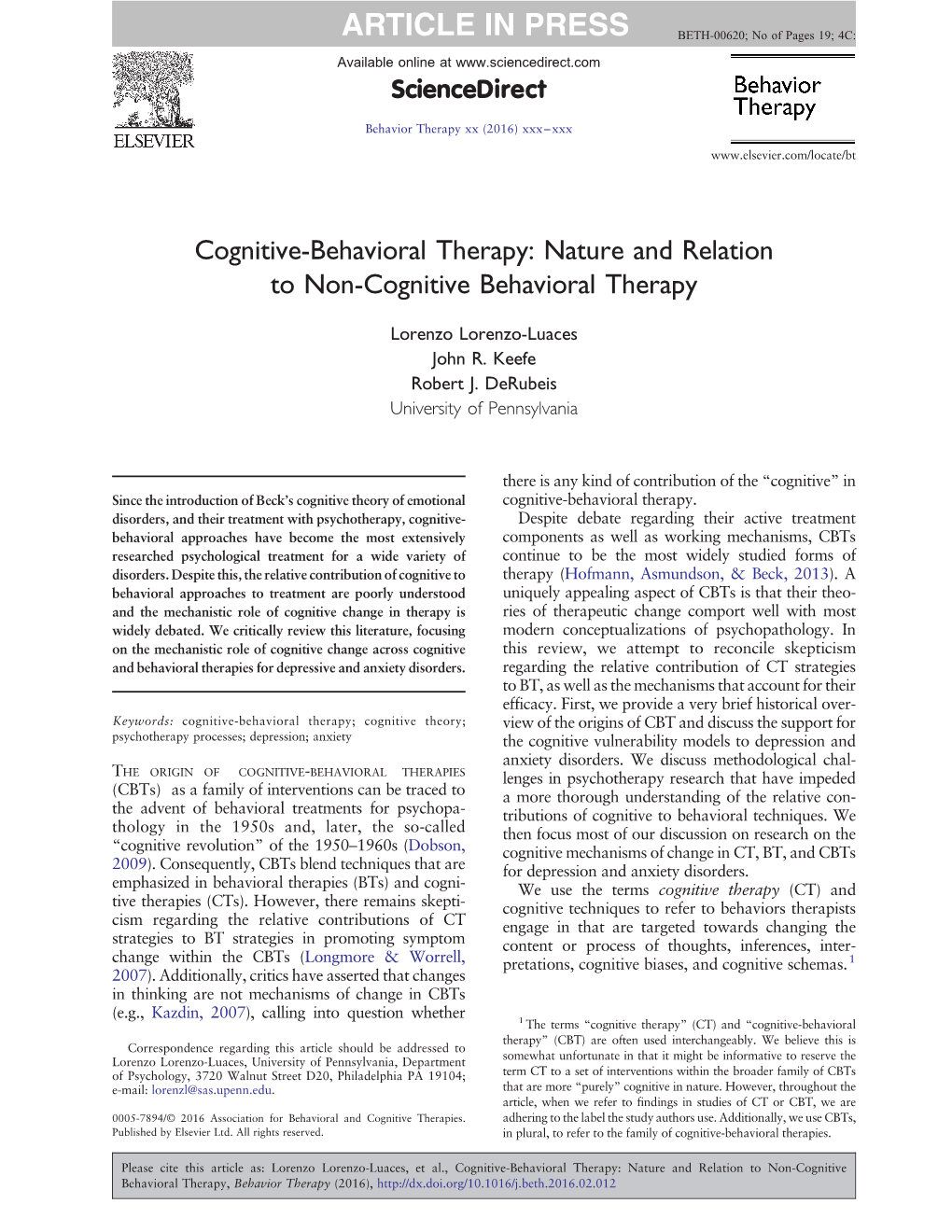 Cognitive-Behavioral Therapy: Nature and Relation to Non-Cognitive Behavioral Therapy