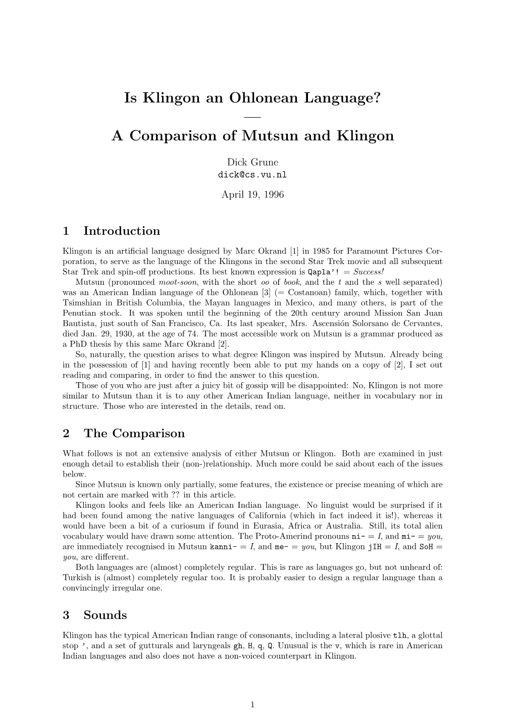 Is Klingon an Ohlonean Language? — a Comparison of Mutsun and Klingon