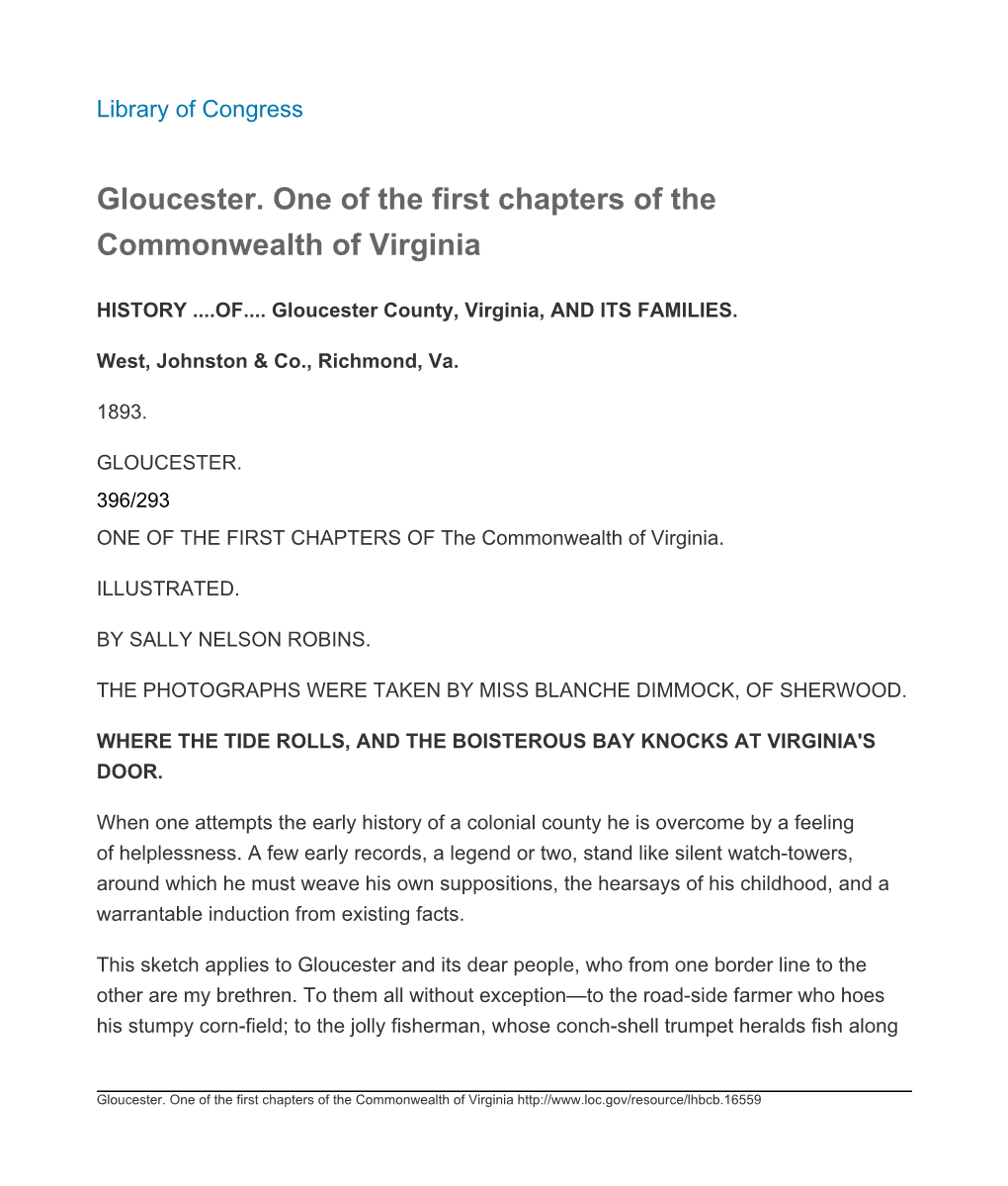 Gloucester. One of the First Chapters of the Commonwealth of Virginia