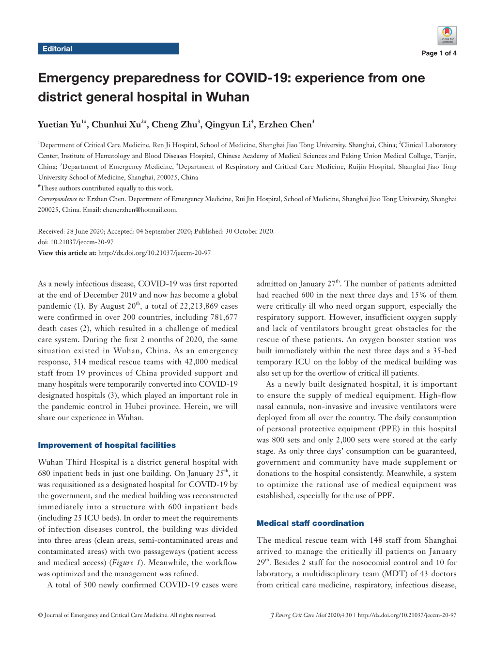 Emergency Preparedness for COVID-19: Experience from One District General Hospital in Wuhan