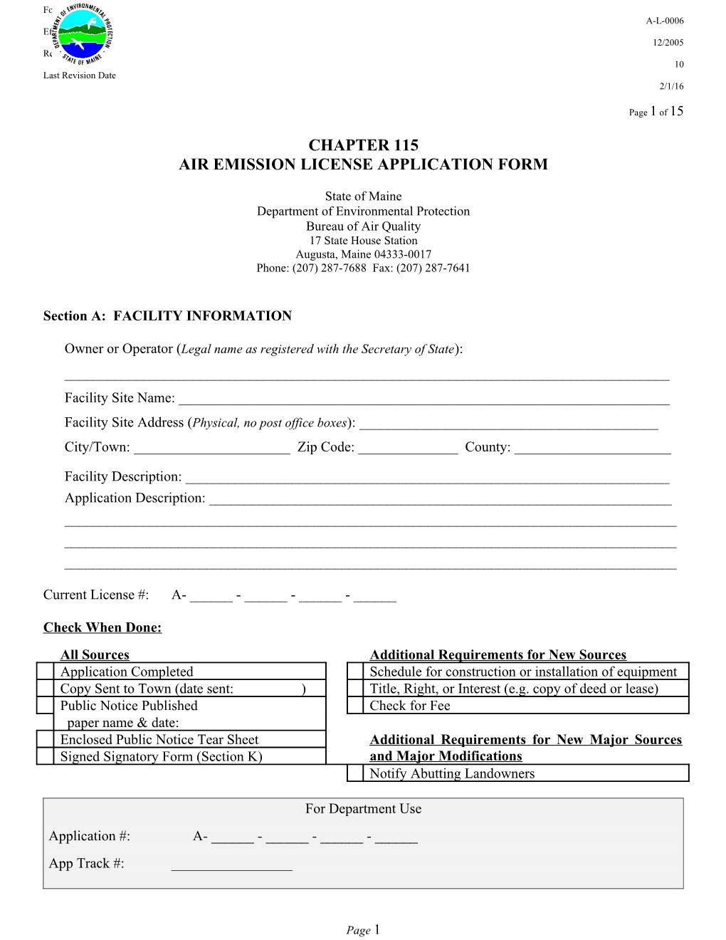 Chapter 115 Air Emission License Application
