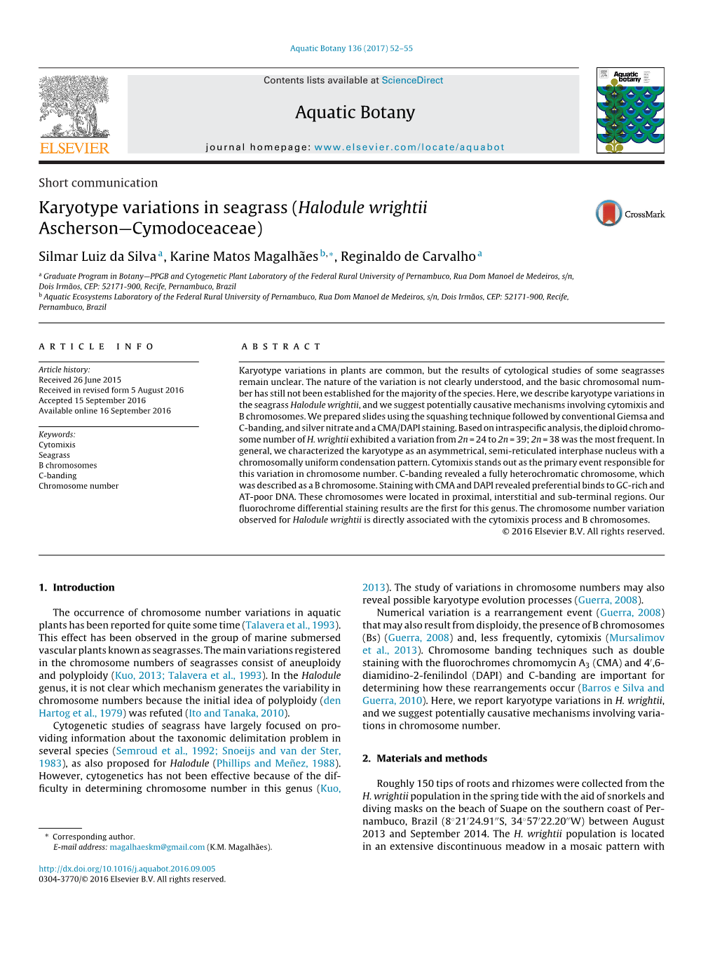 Karyotype Variations in Seagrass (Halodule Wrightii Ascherson￢ﾀﾔ