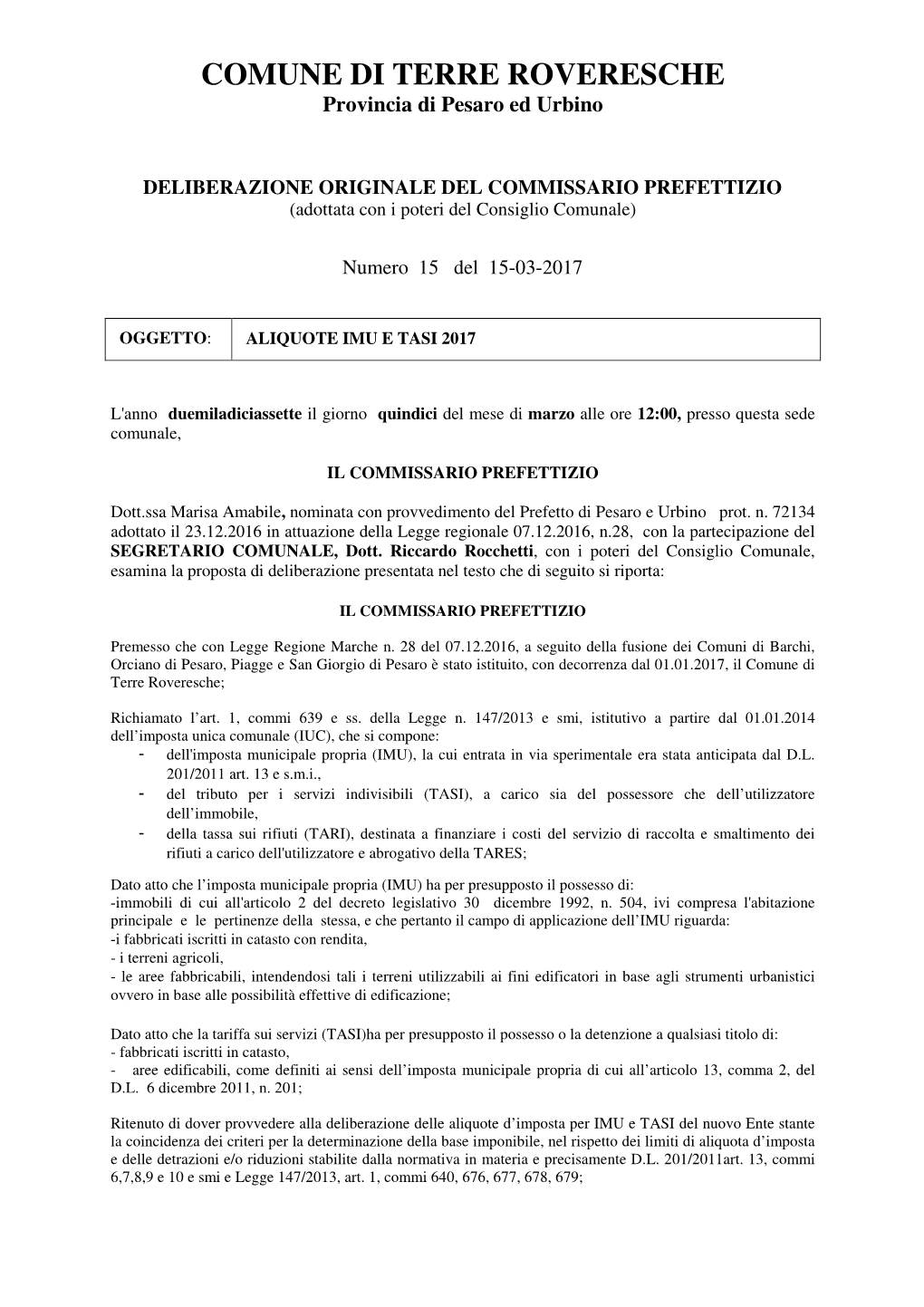 COMUNE DI TERRE ROVERESCHE Provincia Di Pesaro Ed Urbino