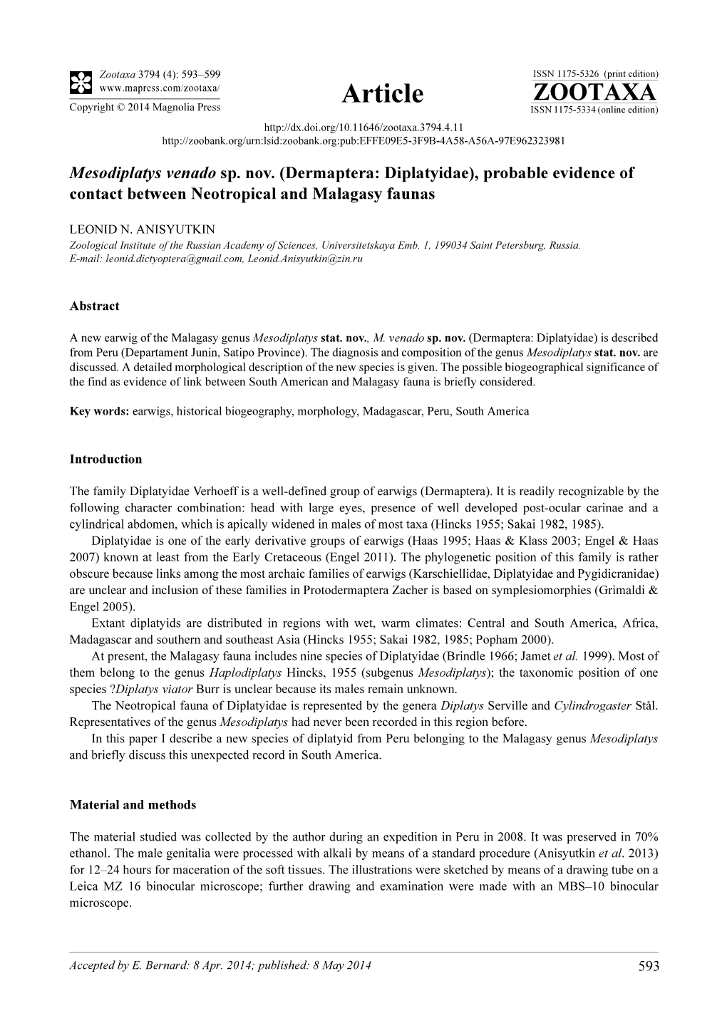 Dermaptera: Diplatyidae), Probable Evidence of Contact Between Neotropical and Malagasy Faunas