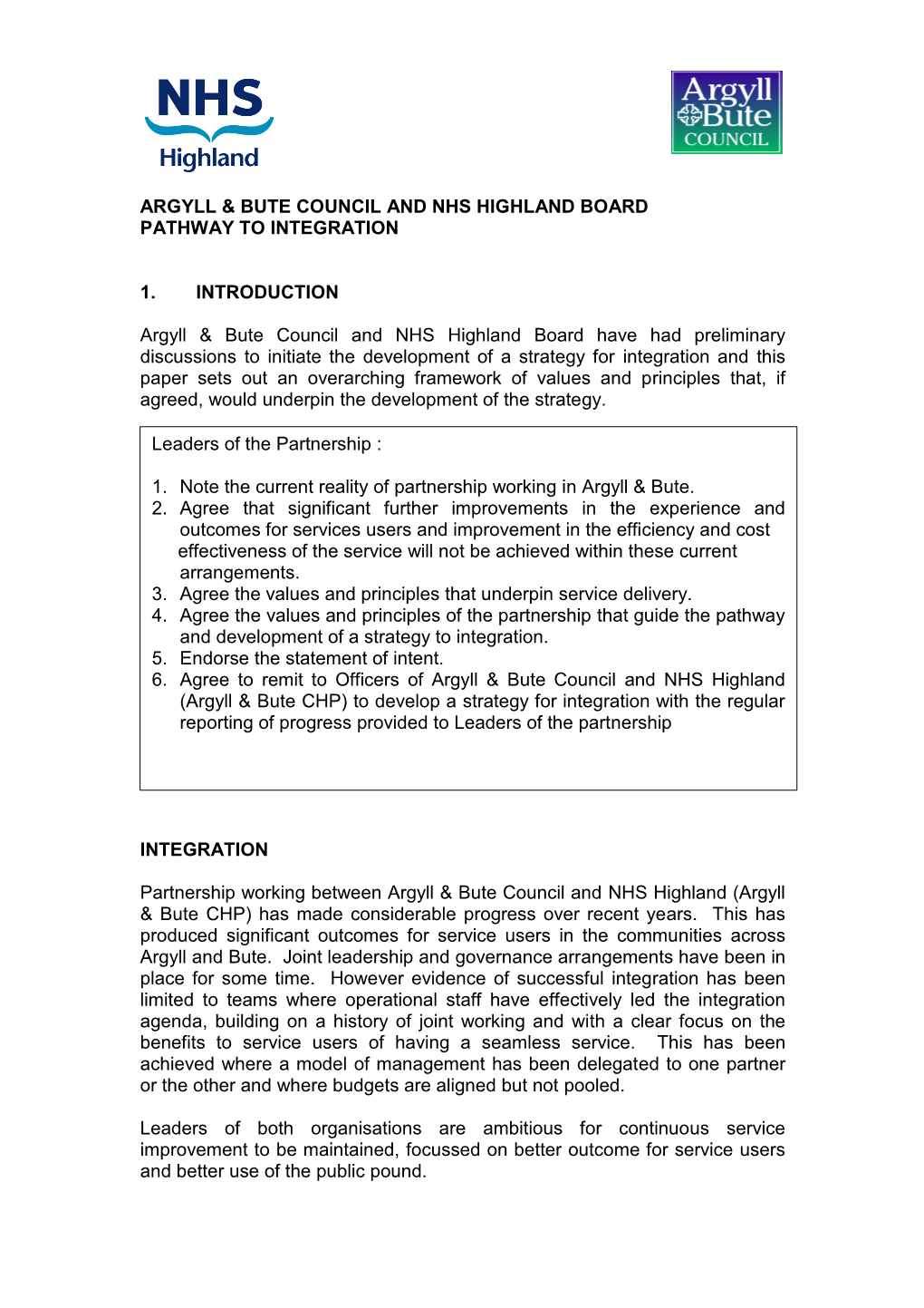 Argyll & Bute Council and Nhs Highland Board Pathway to Integration Pdf