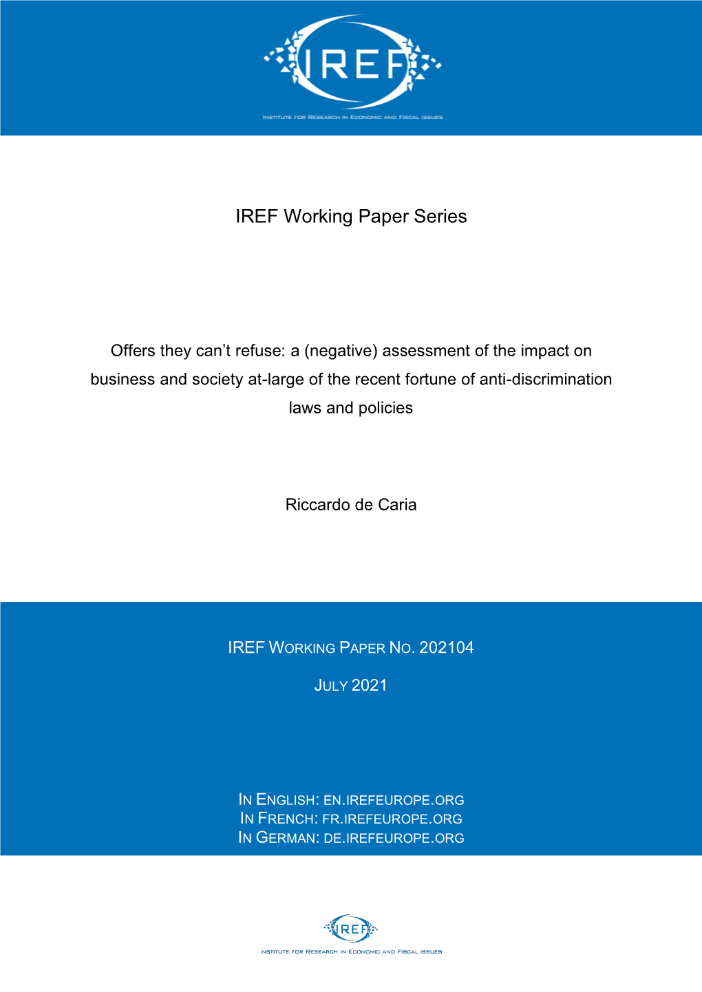 Iref Working Paper No. 202104 July 2021 in English