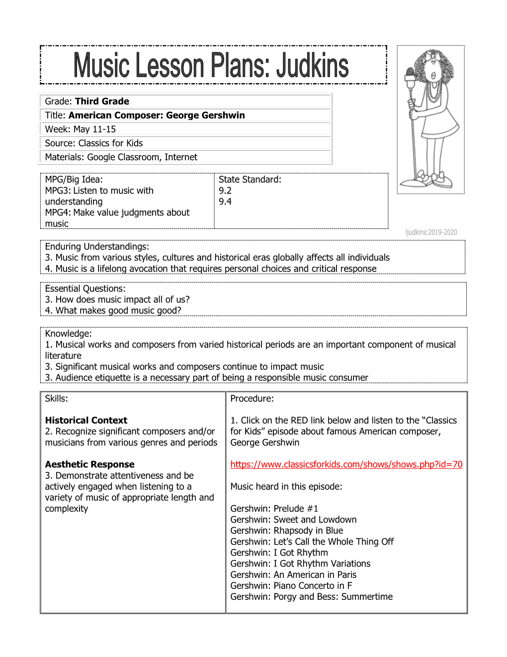 Grade: Third Grade Title: American Composer: George Gershwin Week: May 11-15 Source: Classics for Kids Materials: Google Classroom, Internet