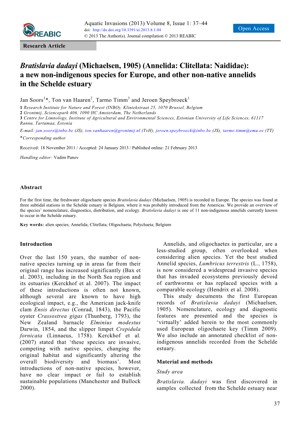 Annelida: Clitellata: Naididae): a New Non-Indigenous Species for Europe, and Other Non-Native Annelids in the Schelde Estuary