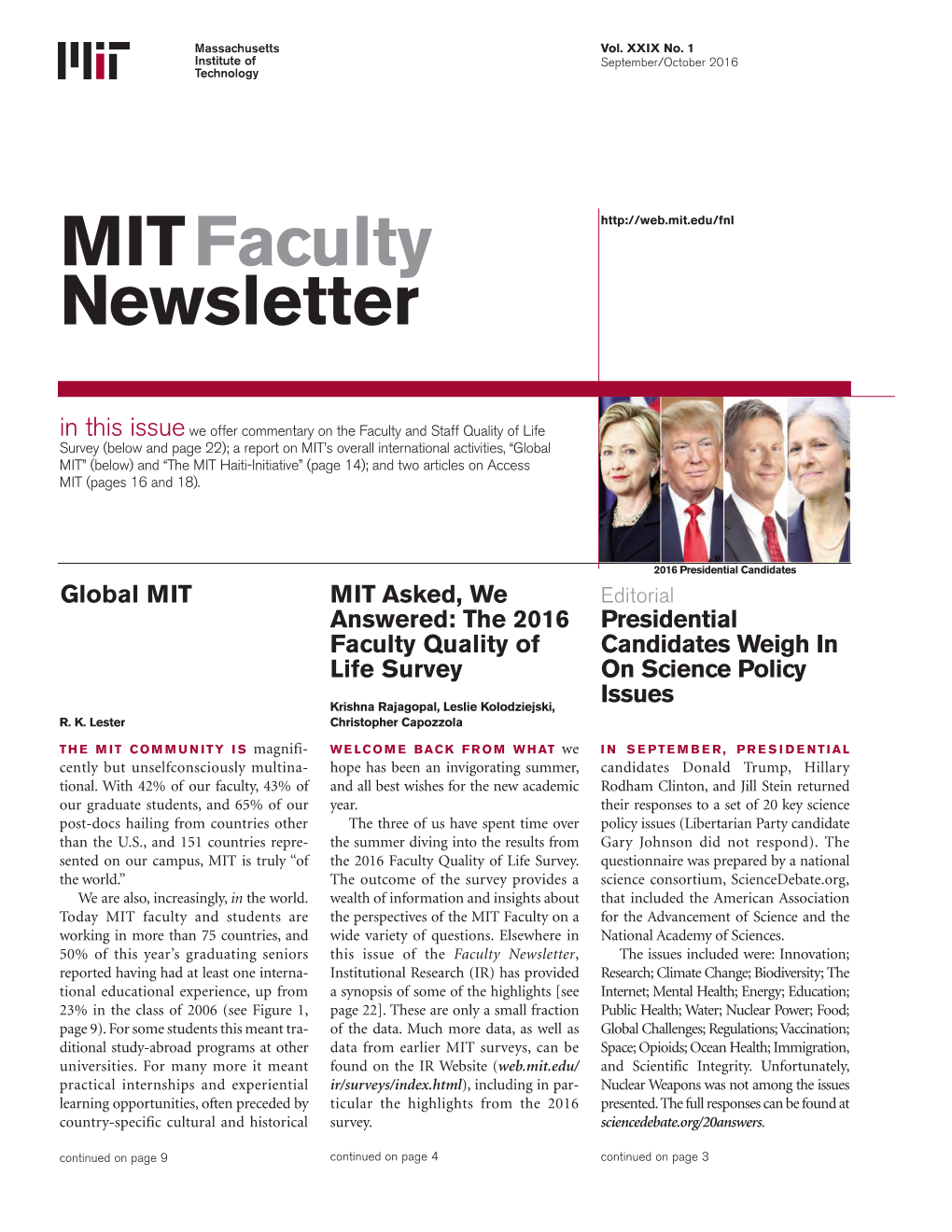 MIT Faculty Newsletter, Vol. XXIX No. 1, September/October 2016