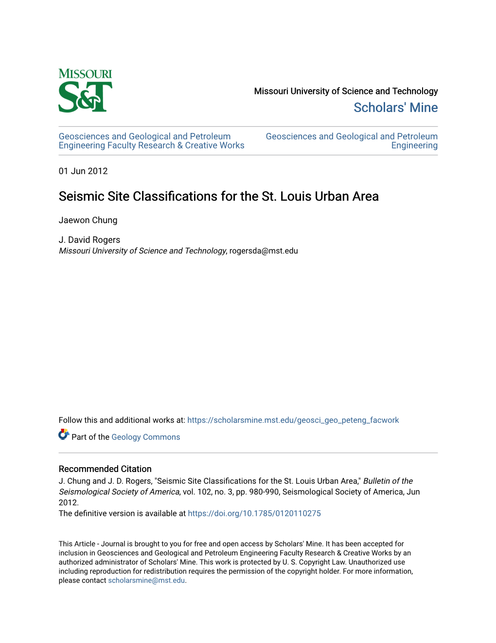 Seismic Site Classifications for the St. Louis Urban Area