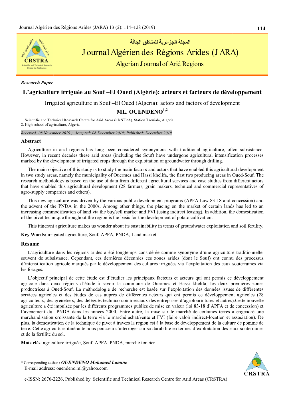 Journal Algérien Des Régions Arides (JARA) 13 (2): 114–128 (2019) 114