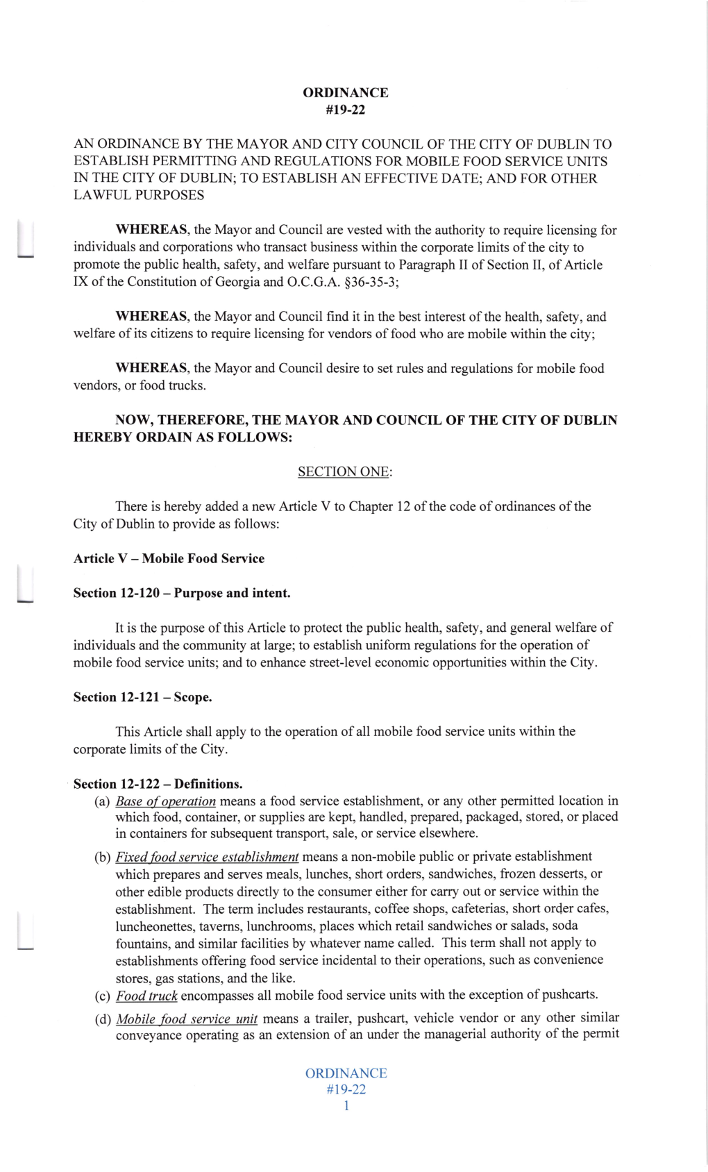 Ordinance 19-22 Establishing Permitting and Regulations For