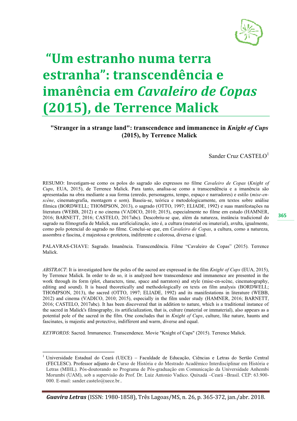 Transcendência E Imanência Em Cavaleiro De Copas (2015), De Terrence Malick