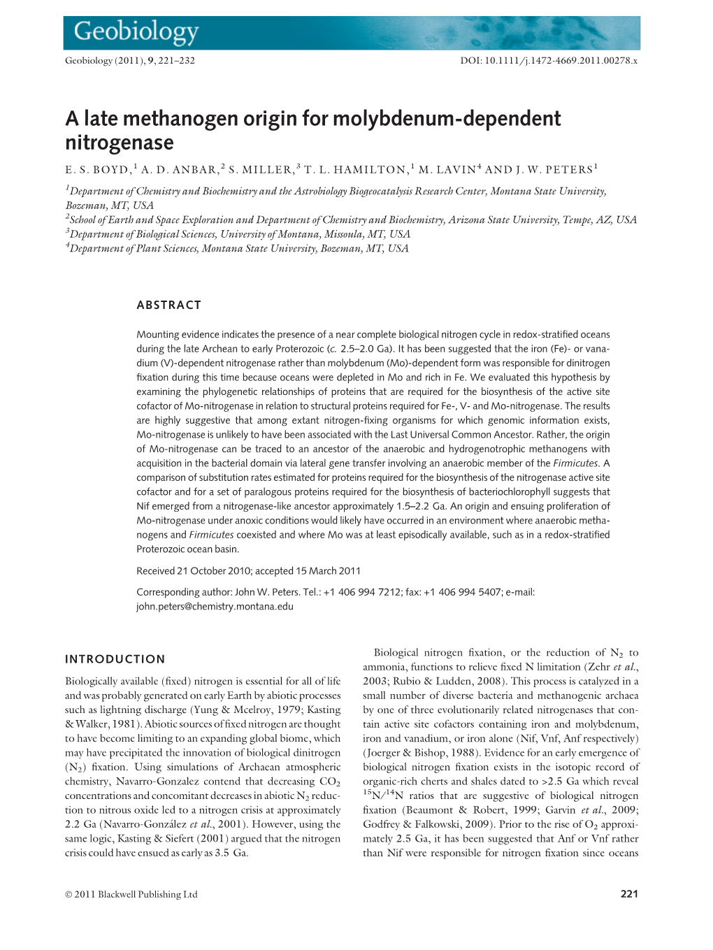 A Late Methanogen Origin for Molybdenum-Dependent Nitrogenase E