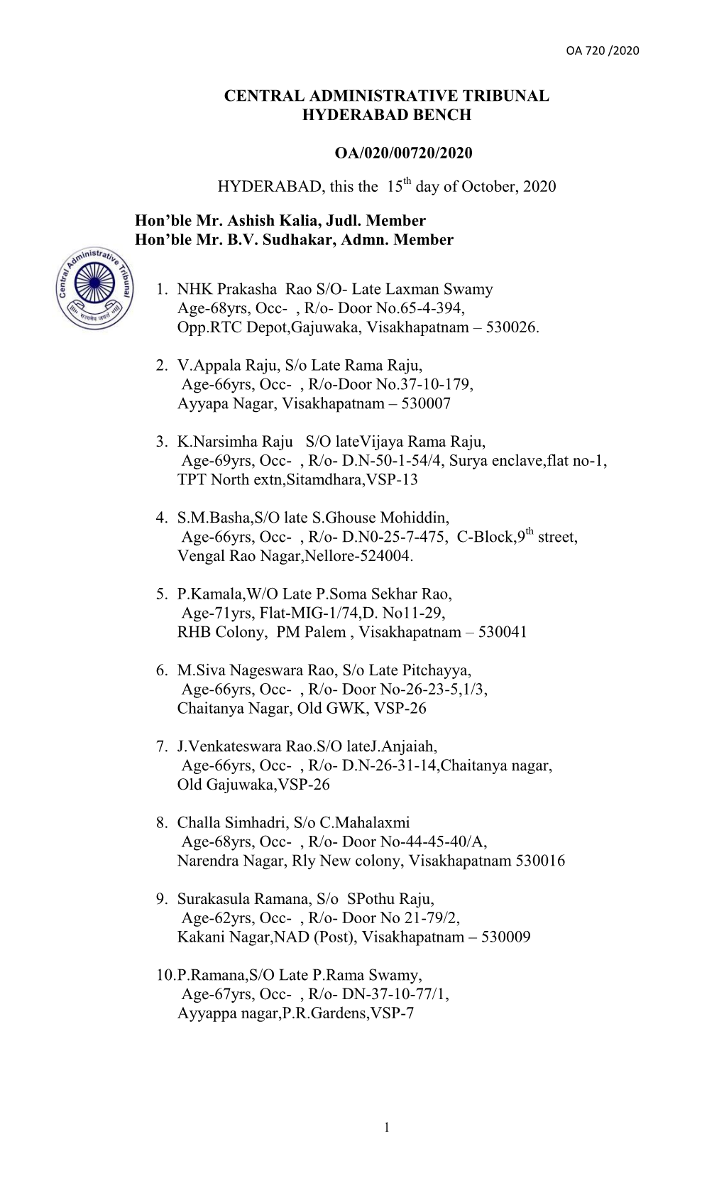 CENTRAL ADMINISTRATIVE TRIBUNAL HYDERABAD BENCH OA/020/00720/2020 HYDERABAD, This the 15 Day of October, 2020 Hon'ble Mr. As